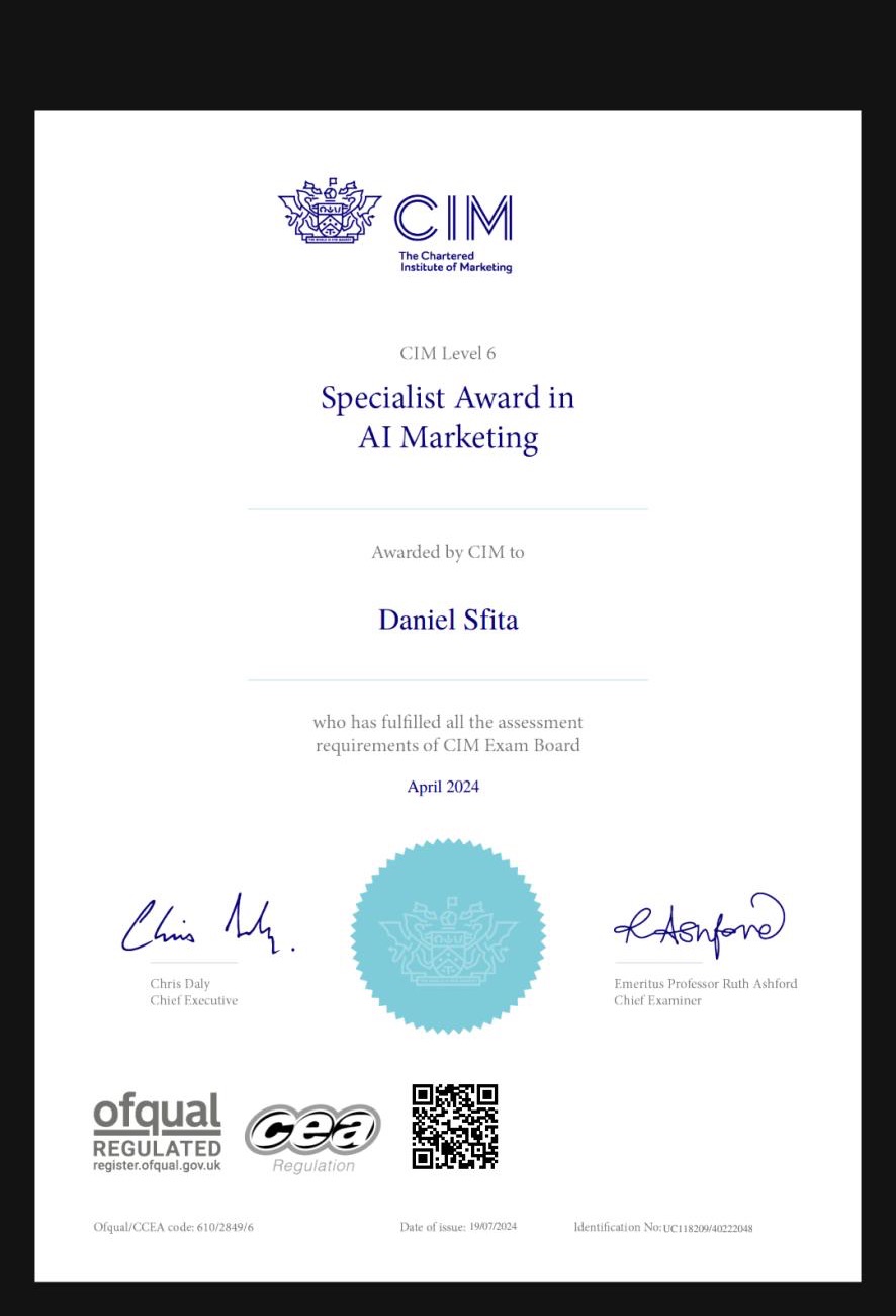 CIM Level 6 Specialist Award in AI Marketing - Diploma awarded to Daniel Sfita, April 2024